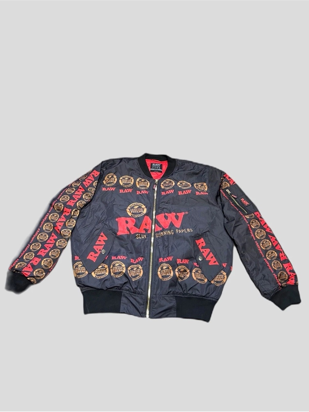 RAW Rolling Papers Men's Bomber Jacket Size Large Black/Red  Full Zip Logo